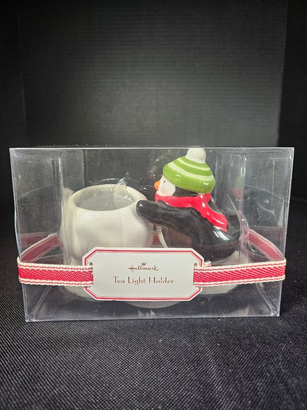 Hallmark Christmas Penguin And Snowball Ceramic Tea Light Candle Holder NOS